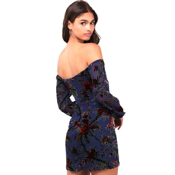 Lulus Magnificent Charm Navy Floral Burnout Velvet Off-the-Shoulder Dress Siz S - Picture 11 of 12
